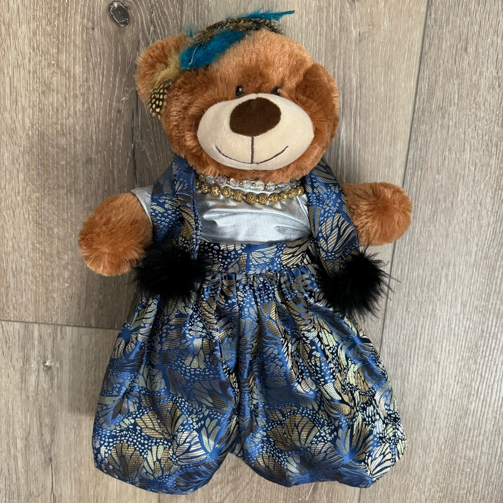NWOT Stuffed Animal Teddy Bear Toy with Teal Feather Dress & Shawl